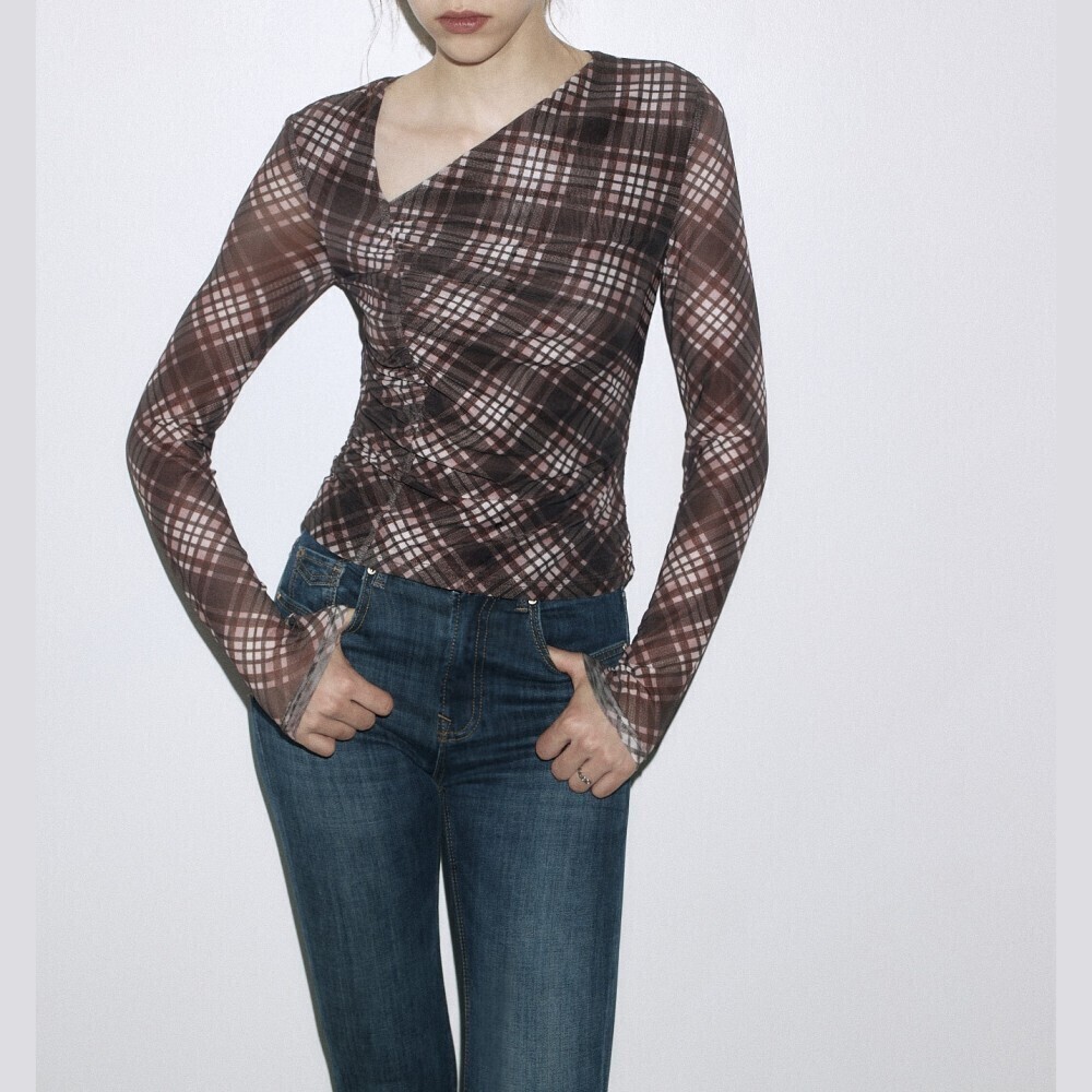 Brown Plaid Mesh Asymmetrical Neck Ruched Long Sleeve Top